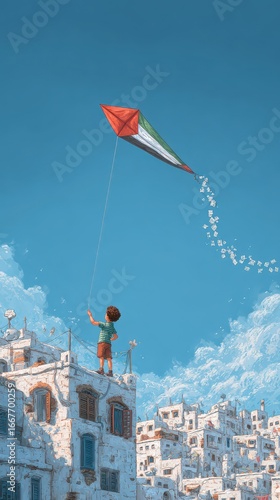 Boy Flies Kite with Palestine Flag on Rooftop, Blue Sky