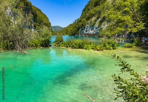 Fototapeta Naklejka Na Ścianę i Meble -  Colorful lakes with footfath by bank in Plitvice Lakes National Park, Croatia. UNESCO World Heritage and tourist attraction.