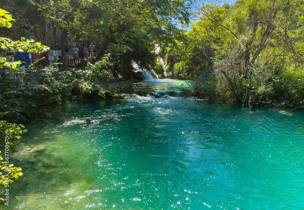 Naklejka premium Cystal-clear lake with waterfall behind in Plitvice Lakes National Park, Croatia. UNESCO World Heritage and tourist attraction.