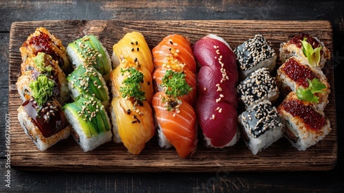 Top down view of assorted sushi rolls with colorful toppings and fresh textures arranged neatly on wooden board ideal for food styling or Japanese cuisine