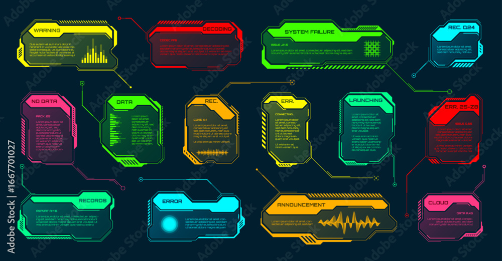 Futuristic HUD or UI elements. Sci-fi user interface text boxes, callouts. Colorful warning message frame, information boxes template. Modern game interface layout, digital style. Vector illustration