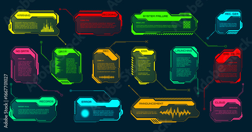 Futuristic HUD or UI elements. Sci-fi user interface text boxes, callouts. Colorful warning message frame, information boxes template. Modern game interface layout, digital style. Vector illustration