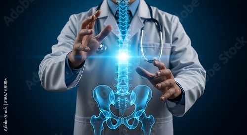 Doctor examining glowing spine hologram medical healthcare