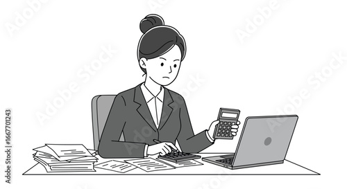 Woman Accountant Working With Calculator and Laptop.