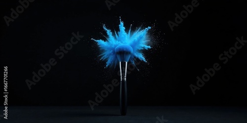 A makeup brush explodes in a vibrant blue powder cloud against a stark black background, showcasing the artistry and dynamism of cosmetic application.