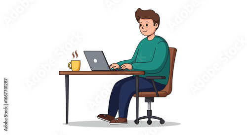 Young Man Working on Laptop at Desk with Coffee.