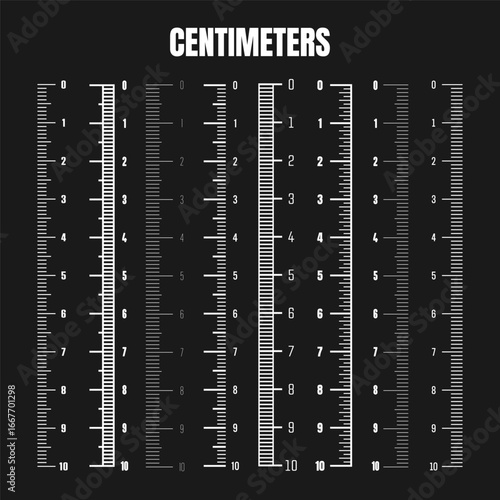 Vertical centimeter scale for measuring length or height. Various measurement scales with divisions. Ruler, tape measure marks, size indicators. Vector illustration