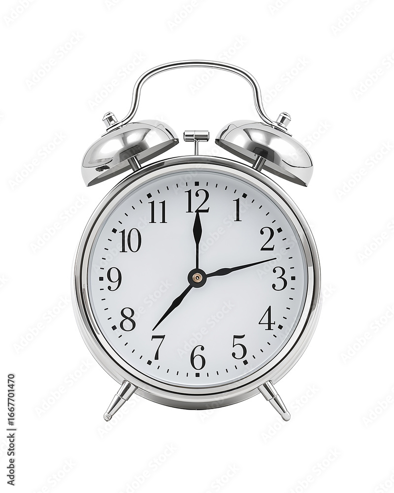 Classic silver alarm clock with twin bells, round face, and bold black numbers, retro bedside timepiece for home, office, and decorative vintage style isolated on transparent background