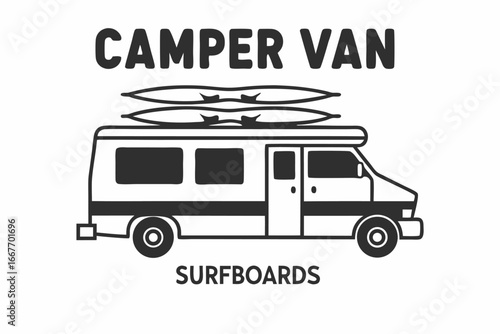 Isolated Camper Van with Surfboards on White Background
