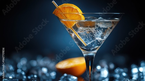 Sparkling cocktail, orange garnish, ice background, bar setting, drinks menu