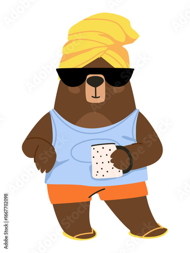 Bear on vacation. She-bear after shower in towel. Morning bear after shower and with coffee. Flat vector illustration, eps10