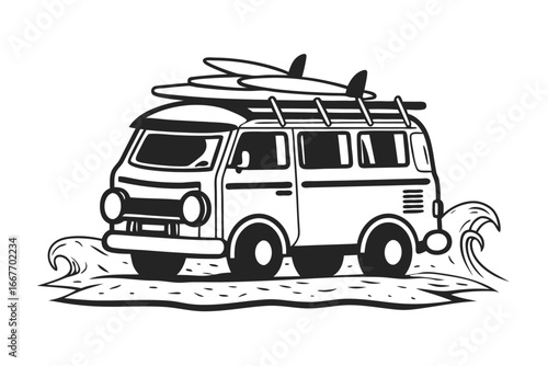 Black and White Retro Van with Surfboards on Top in a Coastal Beach Setting