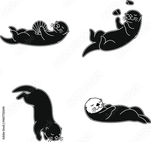 Four black silhouettes of playful sea otters in various poses