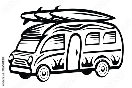 Campervan with Surfboards on Top Isolated on White Background Line Art