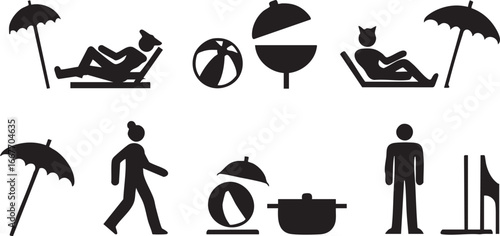 Summer vacation icons vector set: beach, bbq, relaxation, and activities eps silhouette