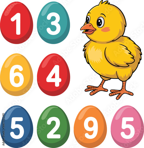 Yellow chick with numbered eggs orange blue