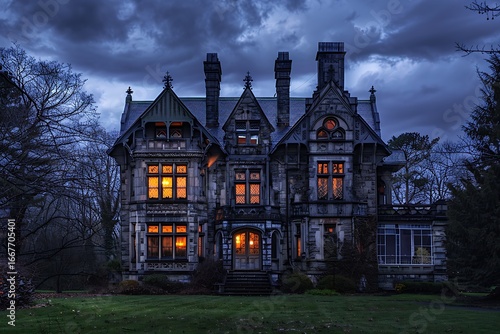 Wallpaper Mural Mysterious gothic mansion looms under stormy twilight sky with warm glowing windows invitingly Torontodigital.ca