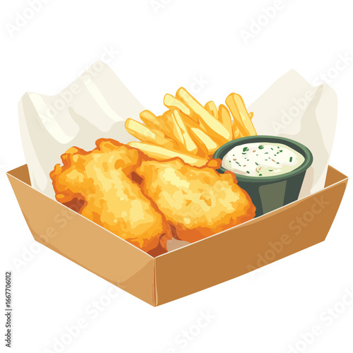  flat vector of fish and chips with tartar sauce in a paper tray