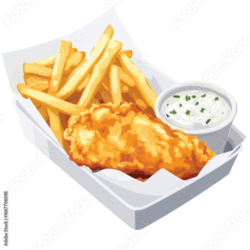  flat vector of fish and chips with tartar sauce in a paper tray