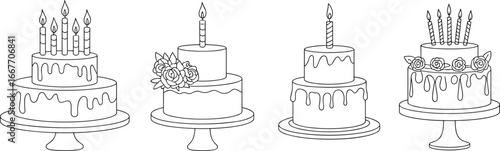 Birthday cakes with candles and floral decorations, celebration desserts on stands, sweet pastry illustration, festive bakery design, party cake vector.