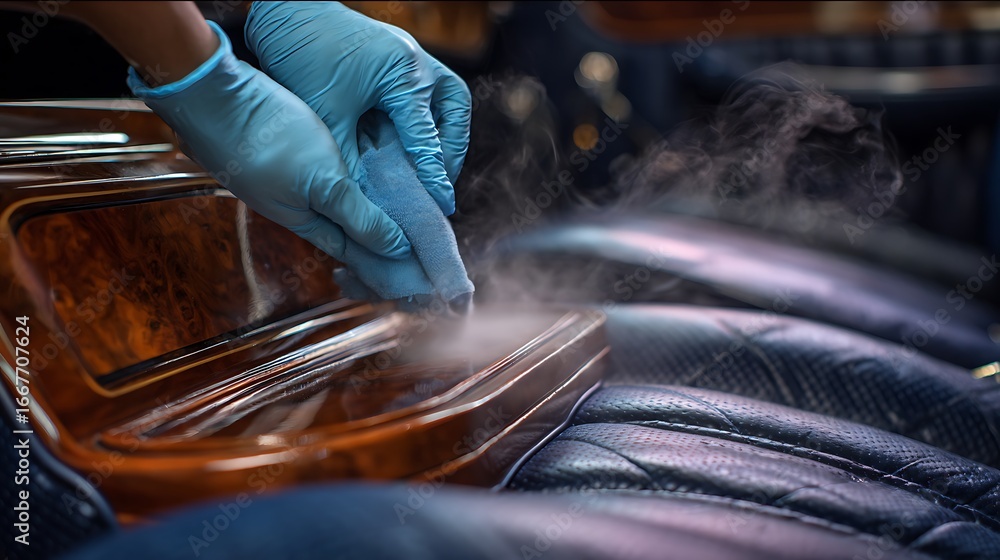 Obraz premium Cleaning Car Interior Wood Trim with Steam for Detailing Service