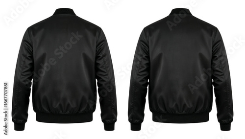 Two black bomber jackets are displayed from the back, side by side, against a white background.
