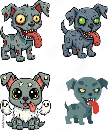 Creepy zombie dog cartoon illustration with scary eyes, horror undead pet character, spooky monster puppy vector artwork for Halloween designs