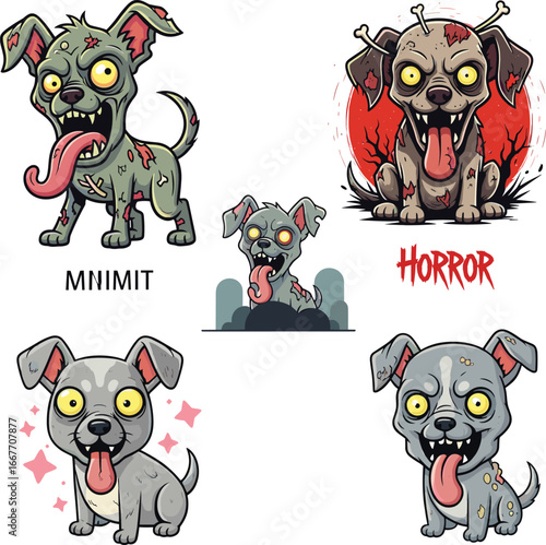Creepy zombie dog cartoon illustration with scary eyes, horror undead pet character, spooky monster puppy vector artwork for Halloween designs