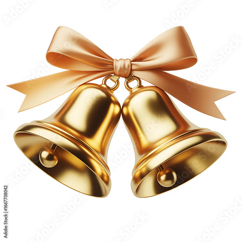 Golden Bells with Champagne Ribbon Bow, Isolated on Transparent Background