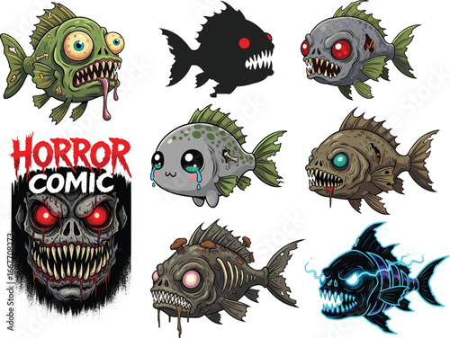 Horror comic fish characters with scary faces, cute and monstrous styles, fantasy underwater creatures vector for spooky cartoon illustration