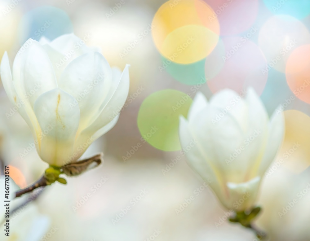 Obraz premium Two magnolia blossoms in soft focus, vibrant bokeh background