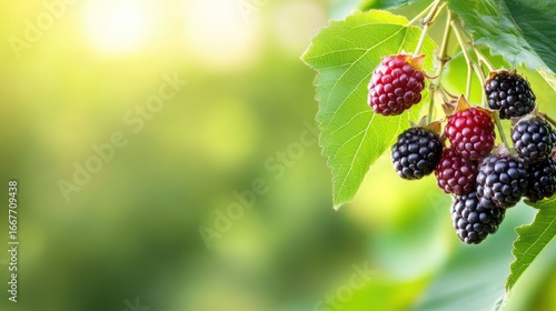 A close-up image of ripe blackberries hanging from lush green leaves. The berries are vivid and glistening in the sunlight, offering a perfect representation of nature's bounty.