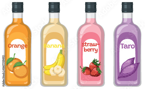 Fruit and Taro Flavored Drink Bottles Vector Illustration