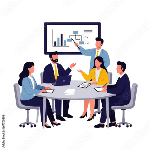 a corporate business team meeting in a modern office, professionals discussing strategy and presentation with charts