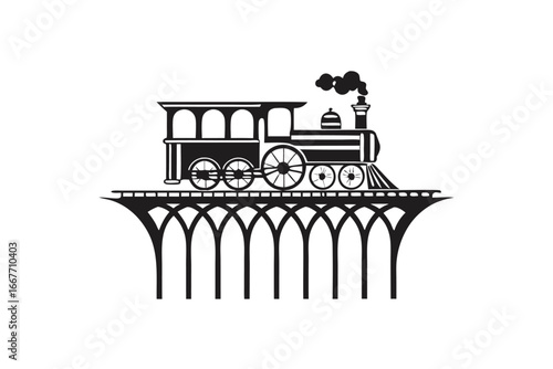 Black Train Silhouette on Bridge with Smoke White Background