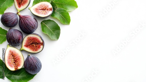 Fresh figs cut in half, showcasing their rich color and unique texture, surrounded by vibrant green leaves on a clean white background
