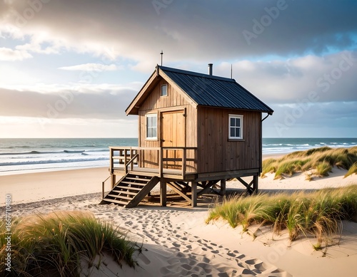 Coastal wooden house on stilts, sits on a sandy beach near ocean waves at sunset