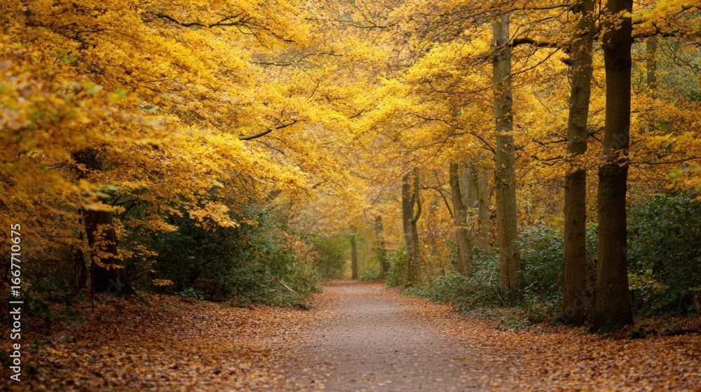 Fototapeta premium Scenic autumn pathway surrounded by vibrant yellow foliage and tall trees, inviting exploration through a tranquil forest landscape with fallen leaves