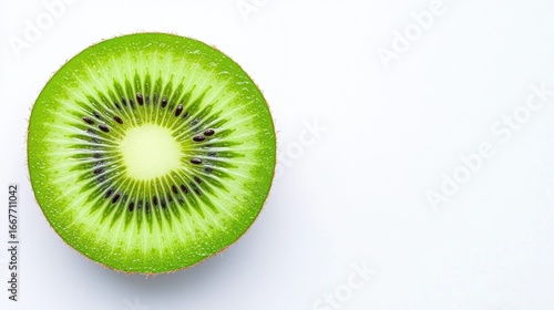 A vibrant slice of kiwi showcasing its unique texture and vivid green color. Perfect for food photography, healthy diets, and culinary uses, highlighting freshness and nutrition.
