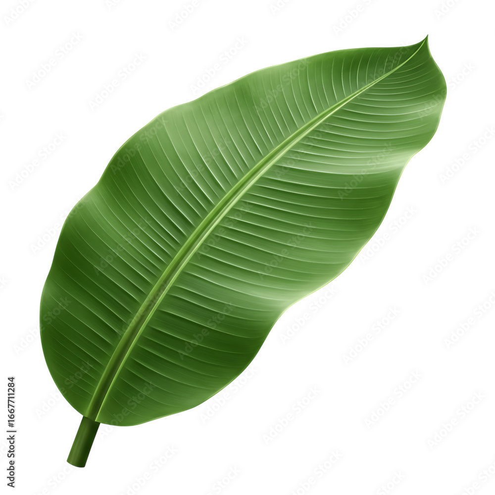 Fototapeta premium Tropical banana leaf with glossy surface and natural veins, isolated, high-resolution botanical illustration