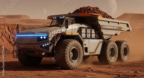 Futuristic Autonomous Mining Truck on Mars, Hauling Rocks Under Alien Skies