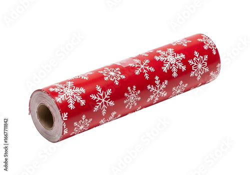 Red wrapping paper with snowflakes isolated on transparent background