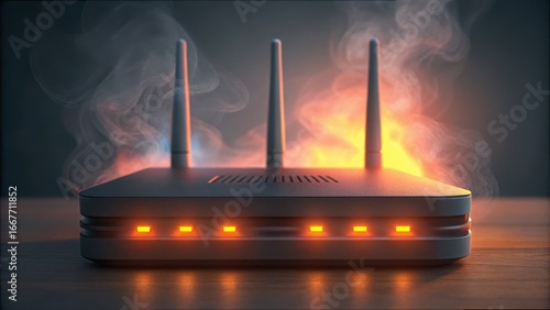 Wireless Router Overheating with Visible Smoke and Warning Lights