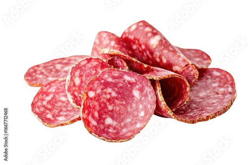 Delicious salami slices pile food photography, cured meat, appetizer, charcuterie, deli meat, sausage, gourmet, isolated on transparent background