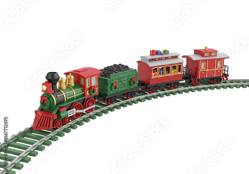 Christmas train with carriages on track isolated on transparent background