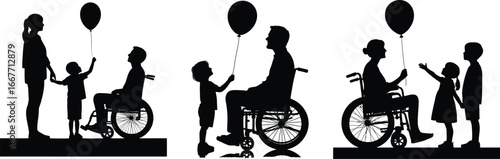 Family bonding silhouette including wheelchair user and children enjoying balloons 