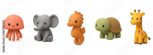 Cute animal figurines including a jellyfish, elephant, seahorse, turtle, and giraffe standing in a row on a white surface creating a playful and whimsical scene.