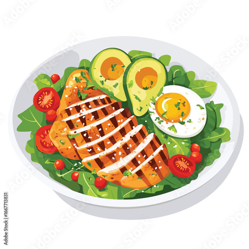 flat vector of grilled chicken salad with avocado and boiled egg, fitness meal