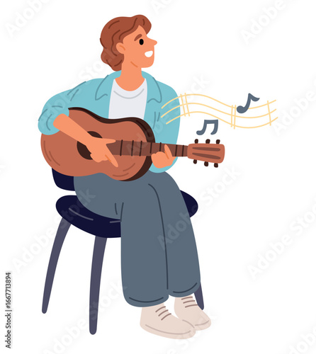 Young guy plays guitar and sings sing. Man makes music. Guitarist sitting on chair. Musical acoustic instrument. Happy musician. Entertainment concert. Melody teaching. Vector concept