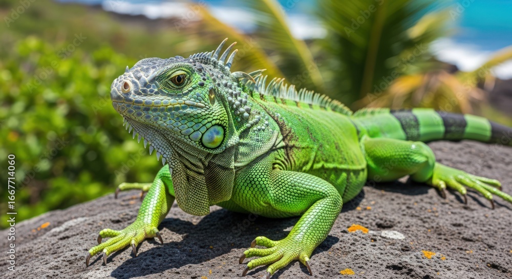 Fototapeta premium Green Iguana Close-Up Portrait on Rocky Shore with Tropical Background